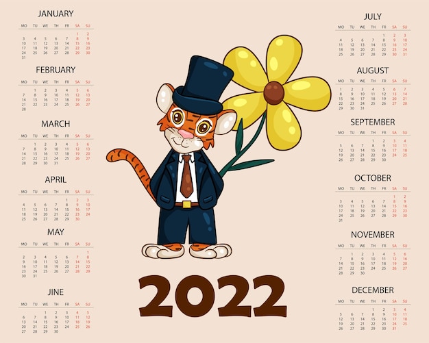 Plantilla de diseño de calendario para 2022, el año del tigre según el calendario chino o oriental, con una ilustración del tigre. mesa horizontal con calendario para 2022. vector