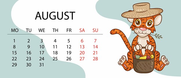 Plantilla de diseño de calendario para 2022, el año del tigre según el calendario chino o oriental, con una ilustración del tigre. mesa horizontal con calendario para 2022. vector