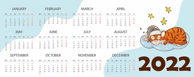 Plantilla de diseño de calendario para 2022, el año del tigre según el calendario chino o oriental, con una ilustración del tigre. Mesa horizontal con calendario para 2022. Vector