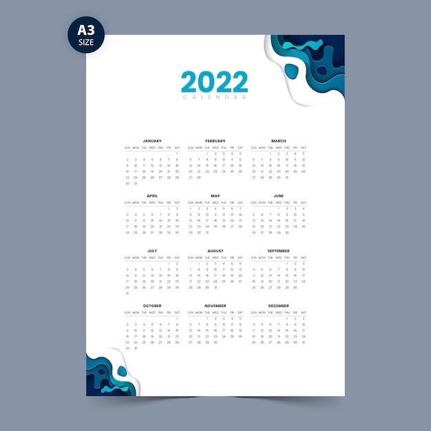 Plantilla de diseño de calendario 2022 con forma de corte de papel