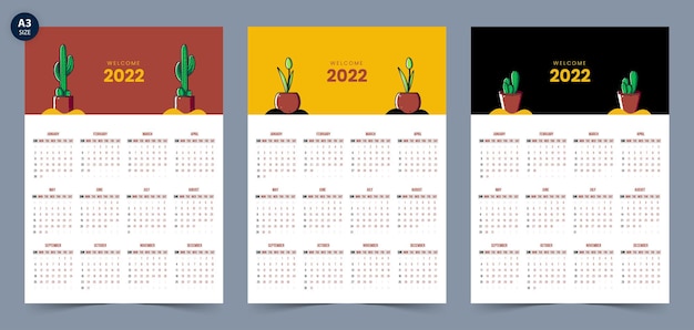 Plantilla de diseño de calendario 2022 con ilustración de planta de cactus