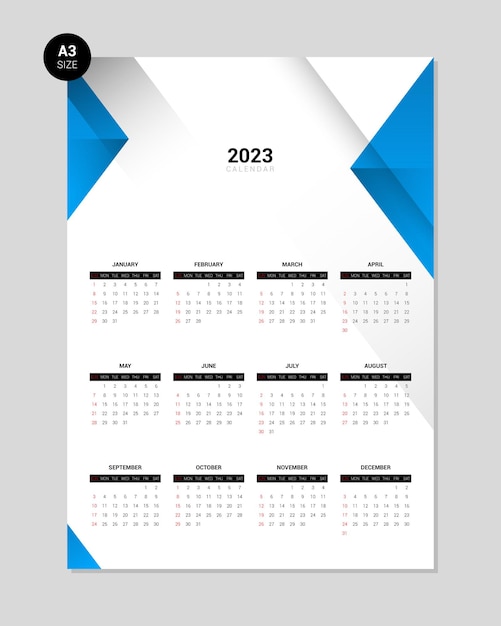 Plantilla de diseño de calendario 2023 con forma de triángulo azul