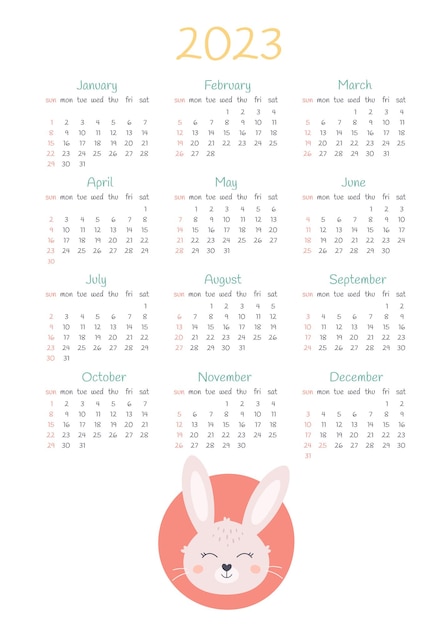 Plantilla de diseño de calendario 2023 con lindo conejo. Año del Conejo. Calendario de inicio de domingo.