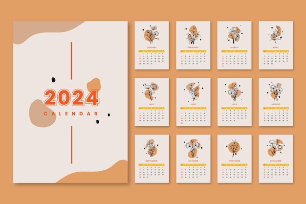 Vector plantilla de diseño de calendario 2024 floral dibujado a mano