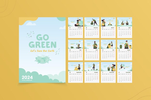 Plantilla de diseño de calendario 2024 con ilustración de movimiento verde