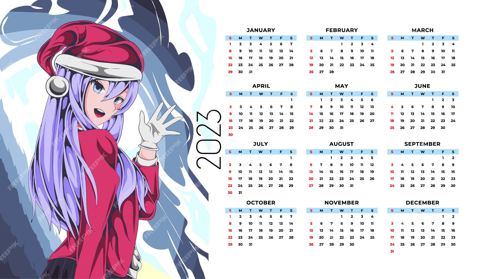 plantilla de calendario mensual 2023 con chicas anime 16468829 Vector en  Vecteezy