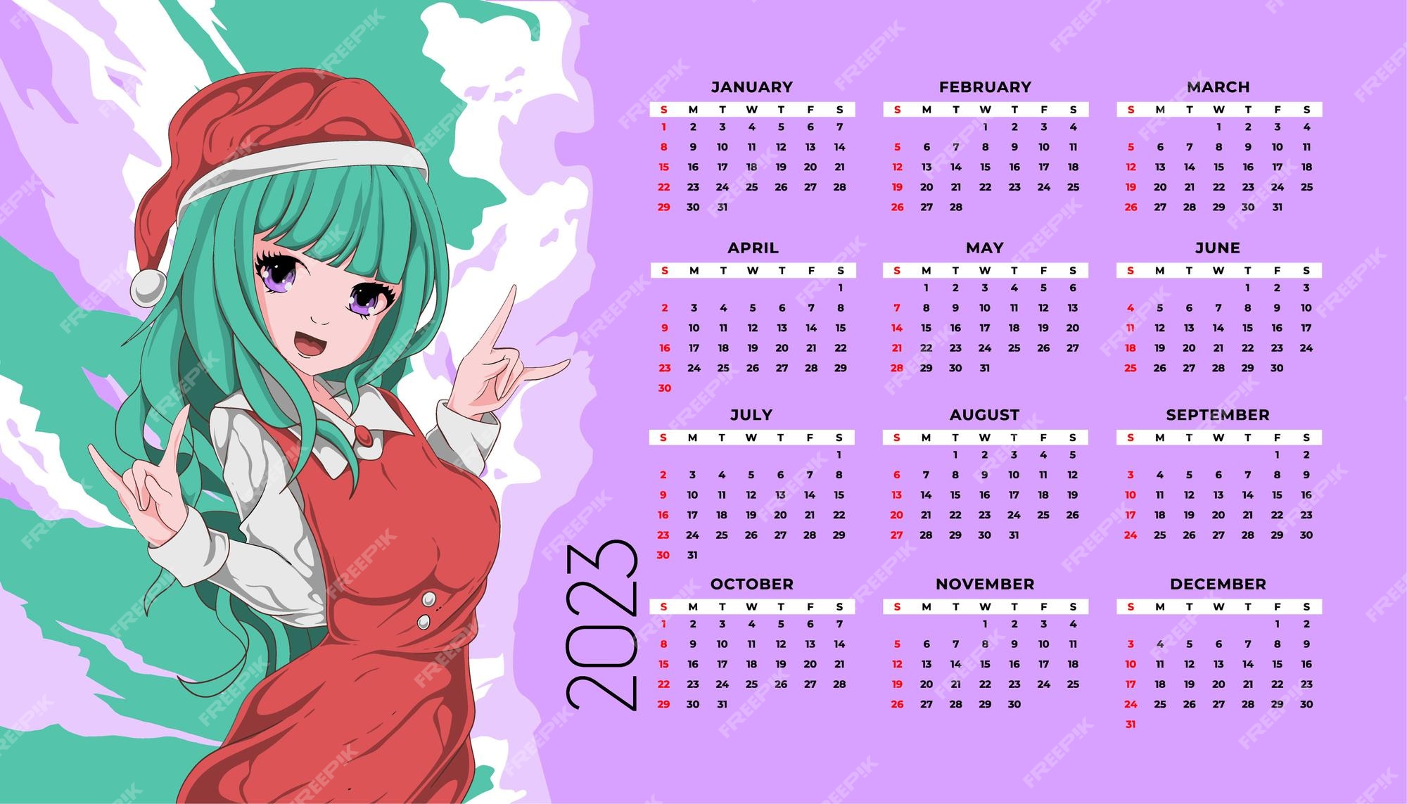 plantilla de calendario mensual 2023 con chicas anime 16468829 Vector en  Vecteezy