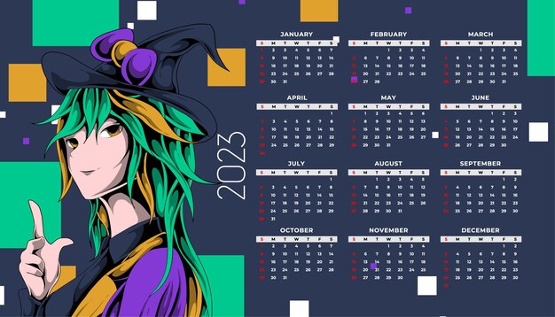 plantilla de calendario mensual 2023 con chicas anime 16468829 Vector en  Vecteezy