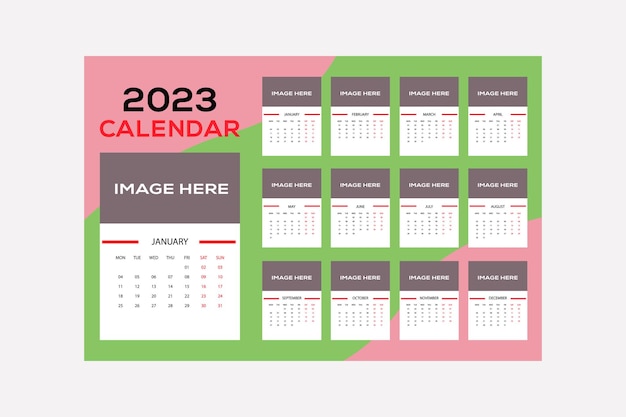 Vector plantilla de diseño de calendario anual imprimible 2023 con fondo verde y gris