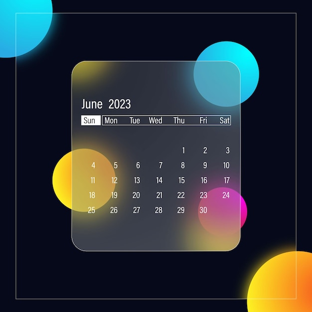 Plantilla de diseño de calendario con efecto de vidrio de junio de 2023