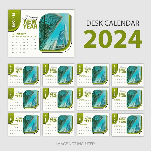 plantilla de diseño de calendario de escritorio 2024 con formas geométricas verdes