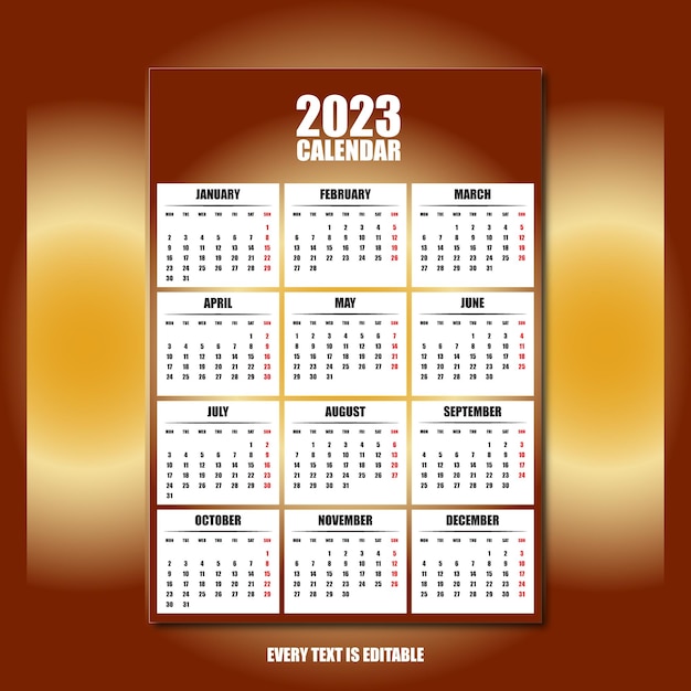 Plantilla de diseño de calendario fiscal 2023 imprimible de A4 a A3 en negrita