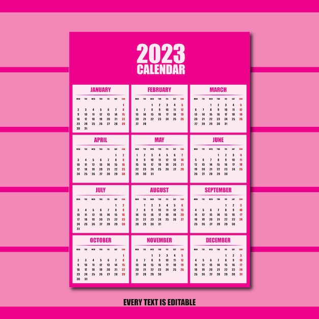 Plantilla de diseño de calendario fiscal 2023 imprimible de A4 a A3 en negrita