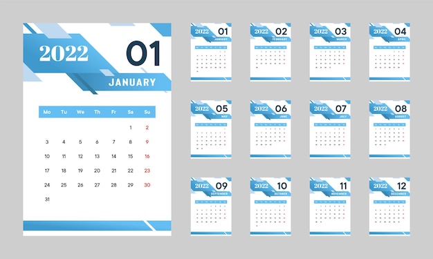 Vector plantilla de diseño de calendario moderno 2022 año calendario mínimo simple concepto de vector de color azul