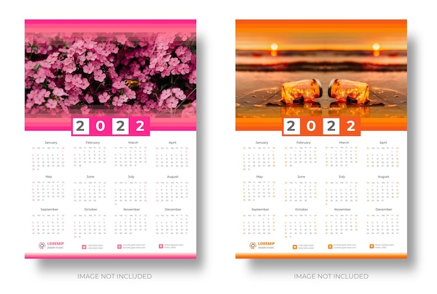 Plantilla de diseño de calendario de pared 2022 de una sola página con color naranja y rosa que comienza la semana el domingo