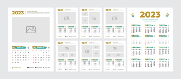 Vector plantilla de diseño de calendario de pared 2023 con marcador de posición de foto calendario de 2 meses y 12 meses en la página