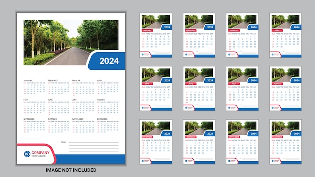 Plantilla de diseño de calendario de pared 2024 tamaño A3 con sangrado
