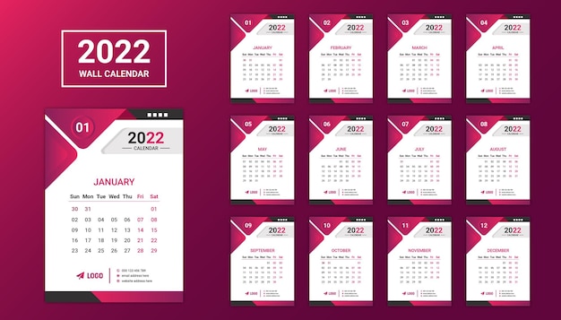 Plantilla de diseño de calendario de pared de doce páginas de negocios coloridos 2022