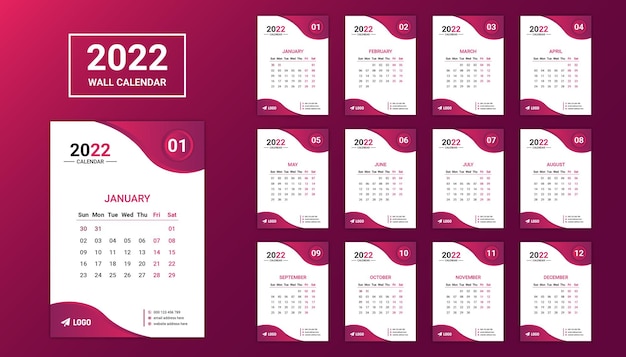 Plantilla de diseño de calendario de pared de doce páginas de negocios coloridos 2022