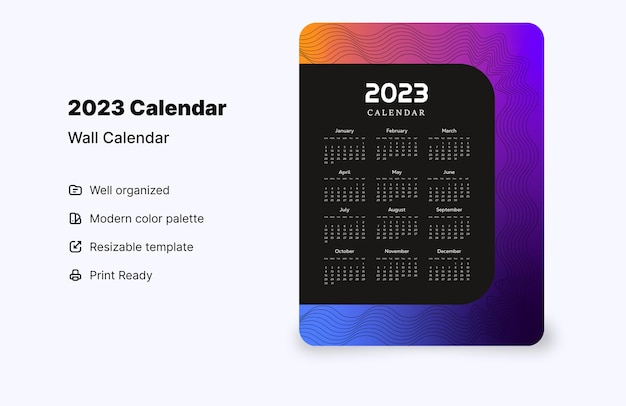 Plantilla de diseño de calendario de pared de estilo degradado 2023