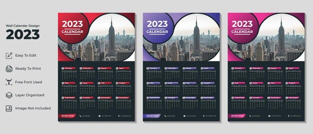 Vector plantilla de diseño de calendario de pared moderno 2023 con fondo negro