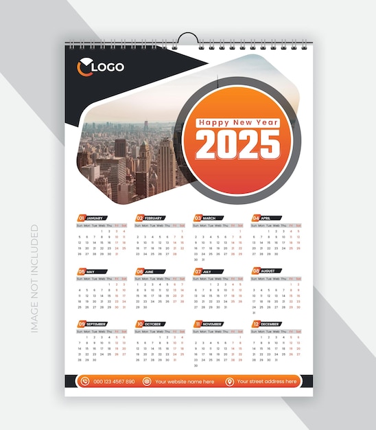 plantilla de diseño de calendario de pared de una página 2025 para 12 meses
