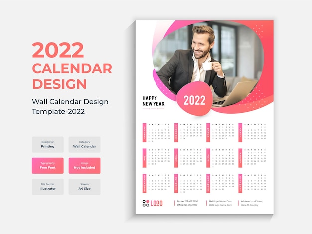 Plantilla de diseño de calendario de pared de una sola página 2022 colorido folleto de año nuevo multiusos