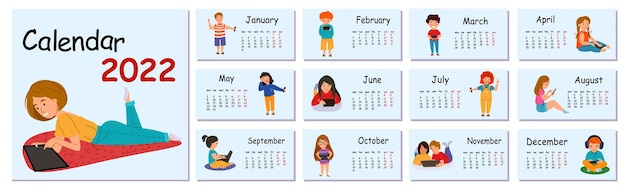 Vector plantilla de diseño de calendario de vector horizontal para 2022, diseño plano. calendario 2022 para el hogar con niños con gadgets. la semana comienza el lunes.