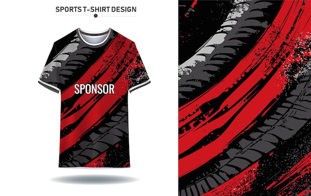 plantilla de diseño de camiseta deportiva con patrones abstractos rojos y negros y texto del patrocinador