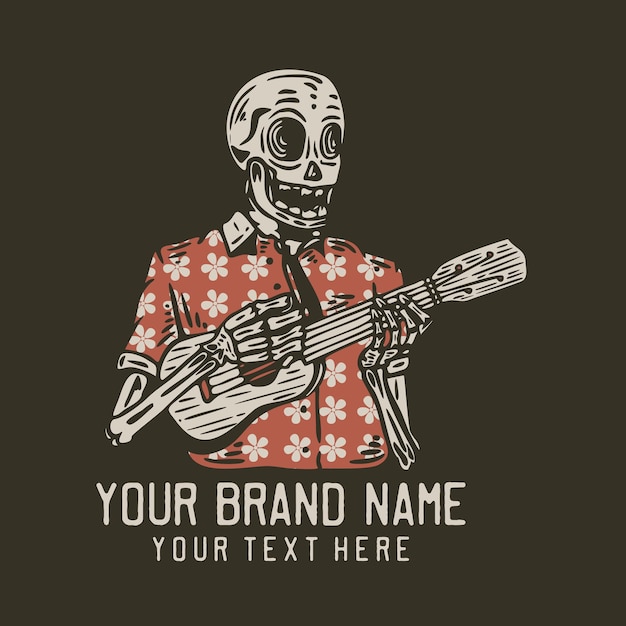 Vector plantilla de diseño de camiseta vintage de esqueleto tocando ukelele