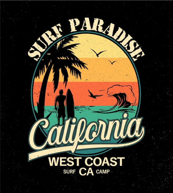 Plantilla de diseño de camisetas de surf de la costa oeste de California, paraíso de surf vectorial. surf, vector de california