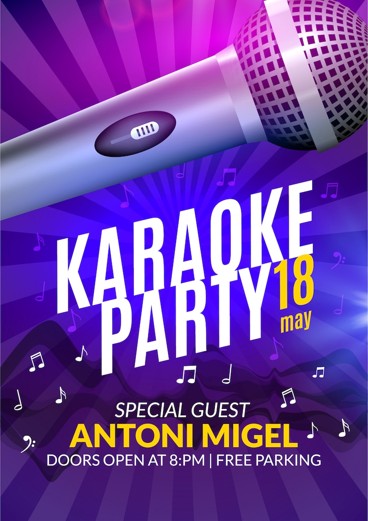 Vector plantilla de diseño de cartel de invitación de fiesta de karaoke. diseño de flyer de noche de karaoke. concierto de voz musical