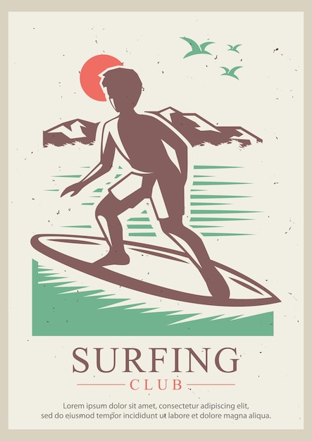 Plantilla de diseño de cartel retro de vector de club de surf
