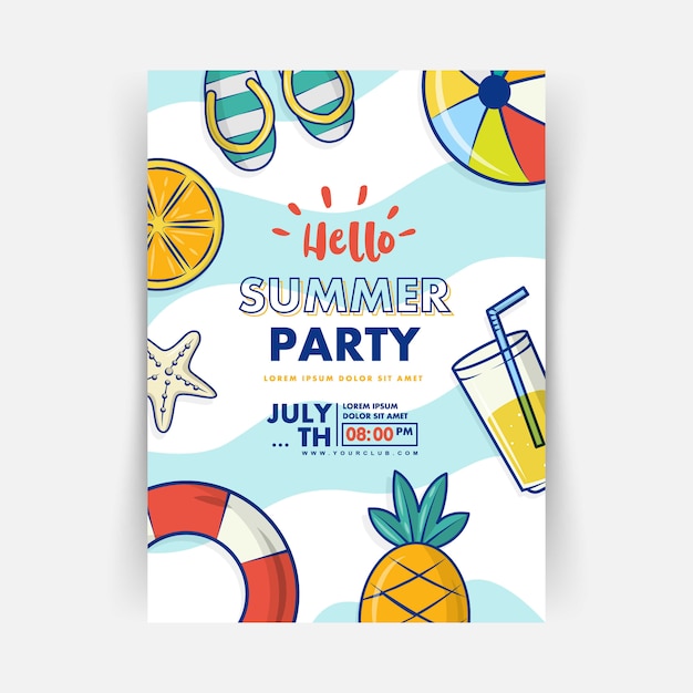 Plantilla de diseño de carteles de fiesta de verano con pelota, anillo de natación de goma y vector de piña