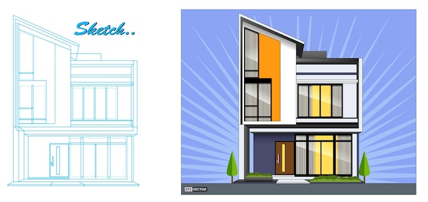 plantilla de diseño de casa minimalista moderna con boceto de plano