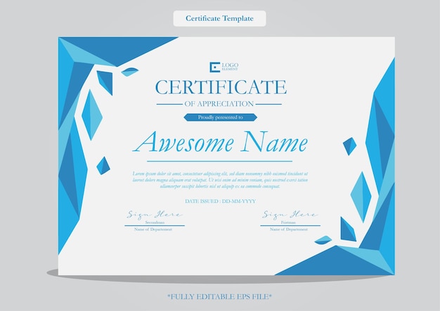 plantilla de diseño del certificado de apreciación con estilo geométrico