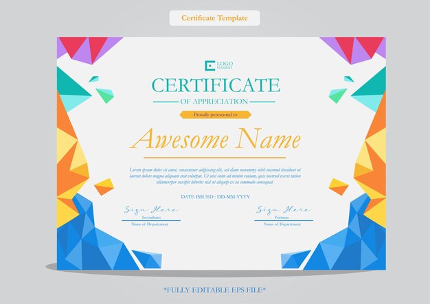 plantilla de diseño del certificado de apreciación con estilo geométrico