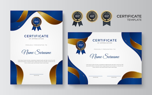 Plantilla de diseño de certificado azul dorado elegante degradado