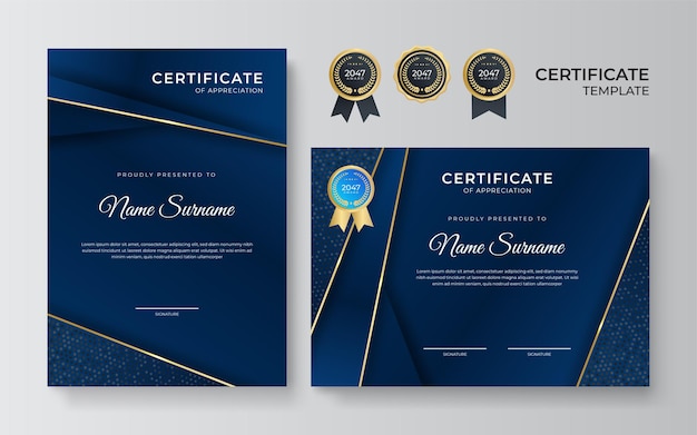 Plantilla de diseño de certificado azul dorado elegante premium