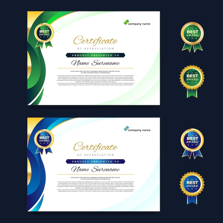 Vector plantilla de diseño de certificado de degradado elegante curva verde y azul
