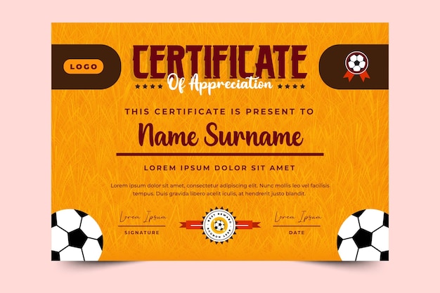Vector plantilla de diseño de certificado de evento deportivo de torneo de fútbol diseño simple y elegante