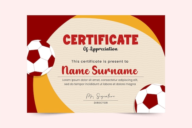 Vector plantilla de diseño de certificado de evento deportivo de torneo de fútbol fácil de personalizar diseño simple y elegante