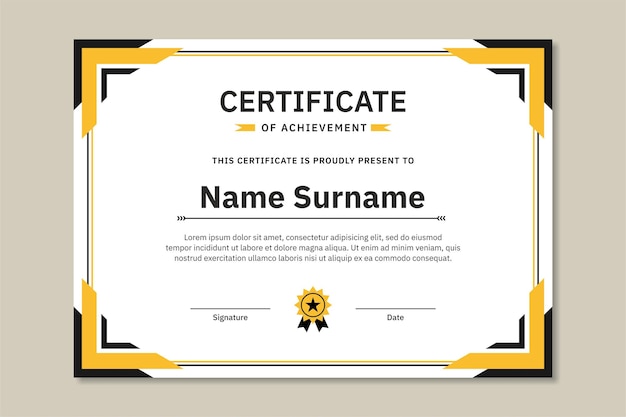 Plantilla de diseño de certificado moderno de lujo, diseño de certificado negro amarillo