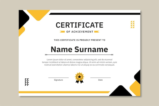Plantilla de diseño de certificado moderno de lujo, diseño de certificado negro amarillo