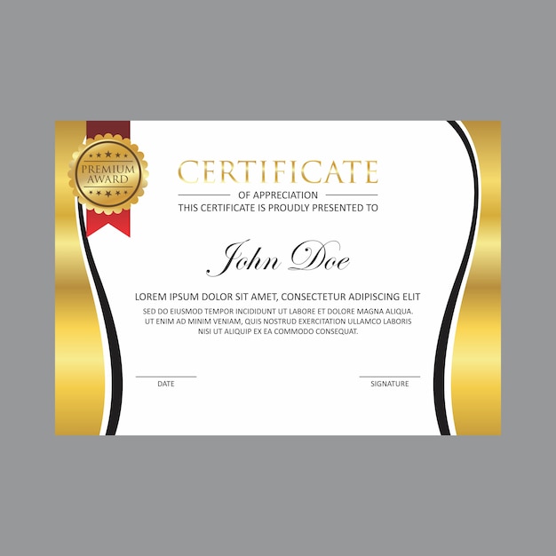 plantilla de diseño de certificado de oro con insignia de oro