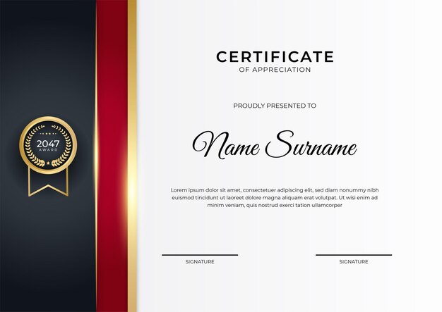 Plantilla de diseño de certificado de oro negro rojo degradado elegante