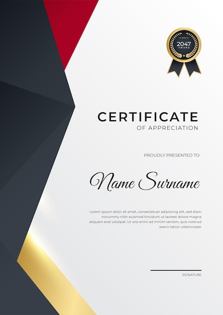 Vector plantilla de diseño de certificado de oro negro rojo degradado moderno