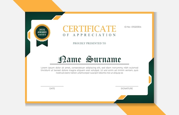 plantilla de diseño de certificado premio de diploma de logro vector oro y verde simple