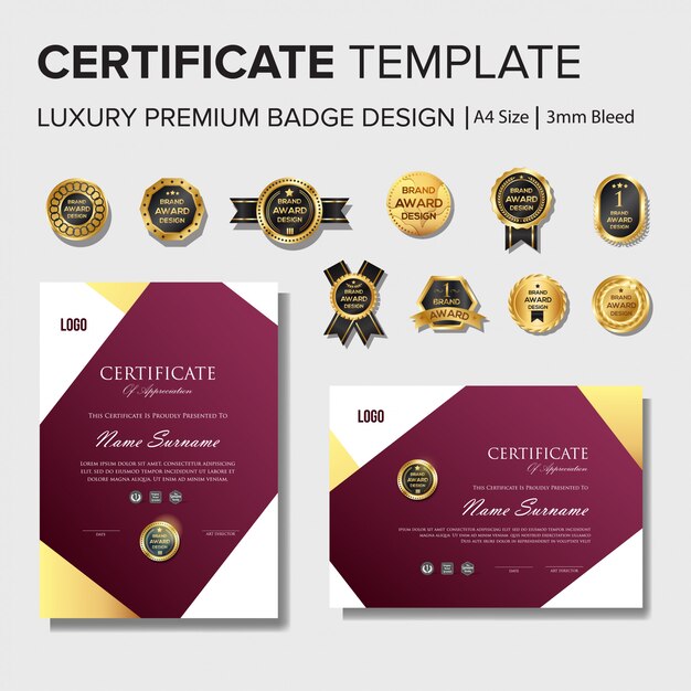 Plantilla de diseño de certificado profesional con distintivo premium