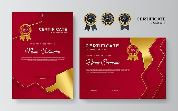 Plantilla de diseño de certificado rojo dorado elegante premium